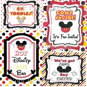 INSTANT DOWNLOAD: Mickey Mouse Clubhouse Party Signs-set of 4-Hot Diggity Dog,  We&#39;ve Got Ears, Oh Toodles, Come Inside - Digital Download