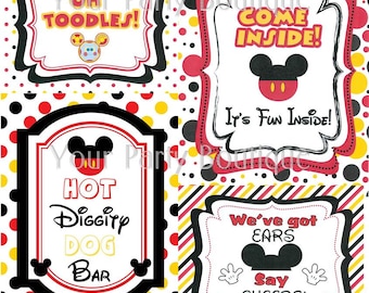 INSTANT DOWNLOAD: Mickey Mouse Clubhouse Party Signs-set of 4-Hot Diggity Dog,  We've Got Ears, Oh Toodles, Come Inside - Digital Download