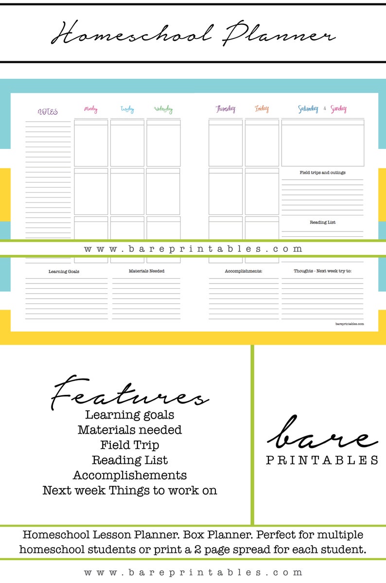 Homeschool lesson planner Weekly Box Planner Printable | Etsy