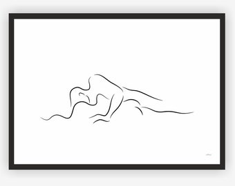 Printable couple art. Lovers art for bedroom. Man and woman sleeping sketch. Digital download PDF, JPG.