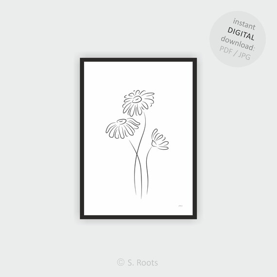 Printable Wall Art Simple Flowers Sketch Oxeye Daisies Etsy