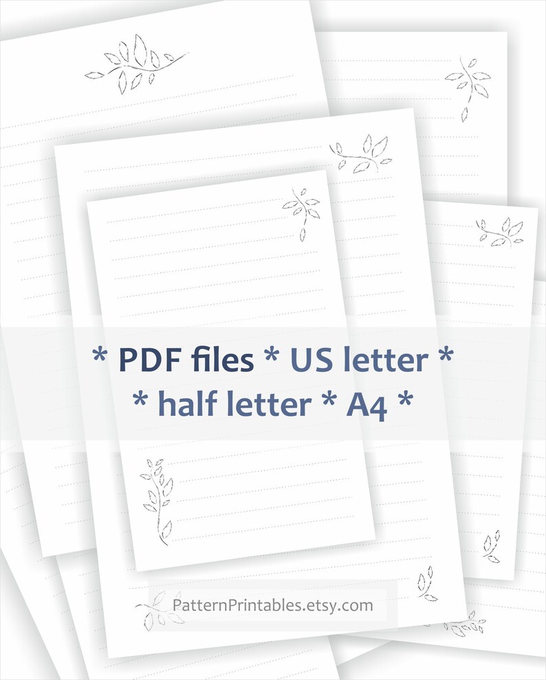 Printable coated crafting paper. Black and white style with minimalist leaf motif. Electronic down load for stantionery. graphic regarding Printable Lined Writing Paper identified as Printable covered crafting paper. Black and white layout with minimalist leaf motif. Electronic down load for stantionery.