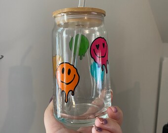 16oz glass Smiley Cup | Smiley Face | Iced Coffee Cup | Water Glass | Wine Glass