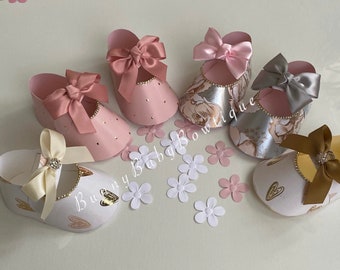 Set  of 10  Individual paper shoes.  Shabby Chic Baby  Shoe Favors for babyshower, gender reveal, baptisms,  birthdays and much more.