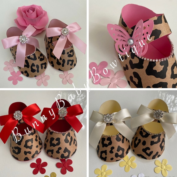 Set of 2 paper shoes / set of 10 paper shoes  / Set of 12 paper shoes. Shabby Chic Leopard paper shoe favors.