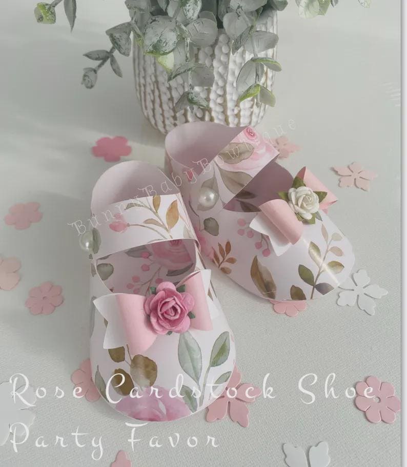 Set of 10 Individual (No pairs) Vintage  Rose Cardstock Shoes / Party Favors. Baby Shower, Table Centerpieces, Rotation Base Not Include !!