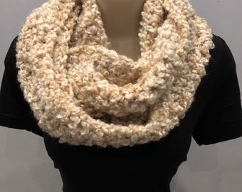 Crocheted chunky infinity scarf, cream and tan