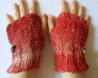 Hand-knitted red cotton and linen mittens - Hand-knitted red cotton and linen mittens