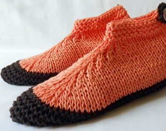 Salmon pink and brown women's slippers in cotton 37-41- Salmon and brown cotton women's slippers in cotton 37-41