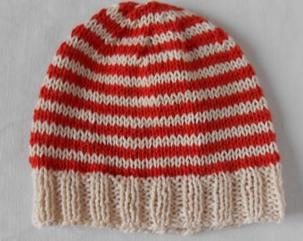 Off-white and orange striped children's hat in organic cotton and wool size 52-54 cm (approximately 4-8 years)