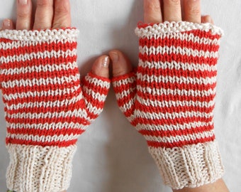 Mixed orange and ecru striped mittens in organic wool and cotton