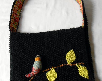 Black cotton shoulder bag with bird and flower decoration 40 x 32 cm - Black cotton shoulder bag with bird and flower decoration 40 x 32 cm