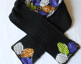 Knitted scarf in black cotton lined with Wax fabric - Knitted scarf in black cotton lined with Wax fabric