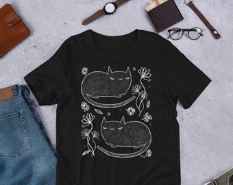 STRAIGHT CUT T-SHIRT Black Cat Crew Neck Folk Art Print Birthday Housewarming Gifts Shirts Whimsical Animals Cute Cat Person Gift Aesthetic