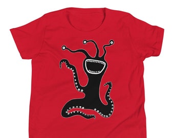KIDS SIZE Youth Short Sleeve T-Shirt Monster Art Weird Monsters Funny Birthday Gift Shirts Childrens Gifts Space Alien Quirky Whimsical Art