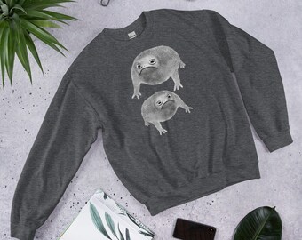 Puede incluir: Una sudadera gris oscuro con un estampado gráfico de dos ranas de dibujos animados con expresiones tristes. Las ranas son blancas y grises.
