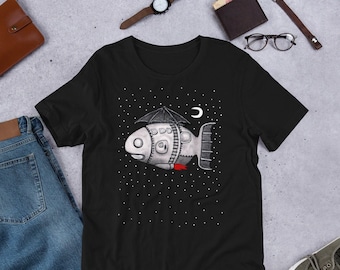 STRAIGHT CUT T-SHIRT Fish Contraption Alien Spaceship Folk Art Quirky Whimsical Illustration Space Weird Surreal Art Sci-Fi Gothic Punk Emo