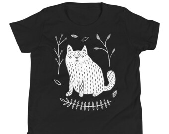 KIDS SIZE T-SHIRT Short Sleeve Shirt Kids Black Cat Children Birthday Gift Cat Art Print Cool Tee Funny Cat Shirts Gifts for Cat People