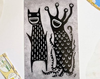 4x6 ART PRINT POSTCARD Monster Folk Art Weird Stuff Painting Quirky Penpal Gift Whimsical Eclectic Creepy Cute Birthday Gifts Goth Cryptids