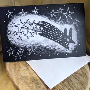 CARTE DE VŒUX PREMIUM Espace Lapin Carte d’art populaire Fantaisie Illustration Bizarre Mignon Pendaison de crémaillère Cadeaux d’anniversaire Art excentrique Cosmic Bunny Jump