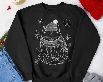 SWEATSHIRT Christmas Holiday Winter Cat Hat Scarf Snow Sweater Folk Art Birthday Housewarming Gifts Weird Cute Gift Funny Cat Jumper