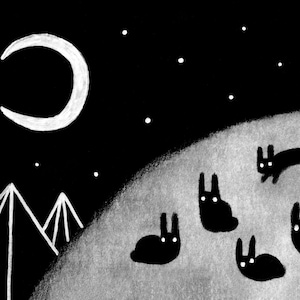 IMPRESIÓN DE ARTE ACEO Conejo negro Forastero Arte popular Ilustración Abstracto Luna creciente Tarjeta coleccionable Escalofriante Lindo Caprichoso Paisaje Cosas raras