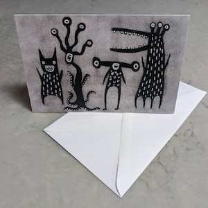 PREMIUM GREETING CARD Monster Folk Art Card Whimsical Illustration Funny Silly Weird Stuff Cute Housewarming Cool Birthday Gift Quirky Cards