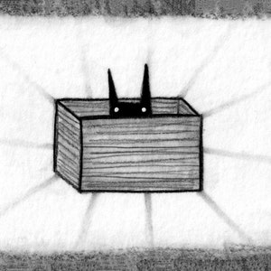ACEO ART PRINT Black Cat in Box Folk Art Miniature Collectible Card Illustration Weird Stuff Housewarming Cute Birthday Gifts for Cat People