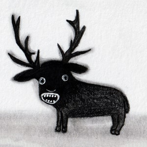 ACEO ART PRINT Seltsames Reh Außenseiter Volkskunst Geburtstag Geschenk Miniatur Sammelkarte Skurril gruselig süß schrullig Goth Rentier seltsam witzig
