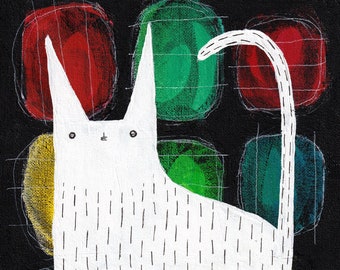 8x10 « ART PRINT Blanc Chat Art Populaire Peinture Quirky Pendaison de crémaillère Cadeaux Outsider Art Fantaisiste Mignon Home Decor Animaux Drôle Cat Personnes Cadeaux