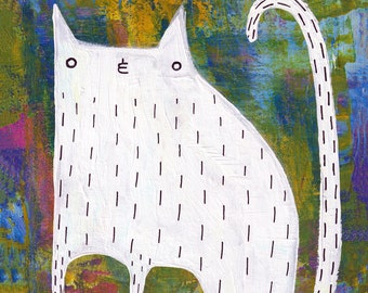 8x10" ART PRINT Cat Art White Cat Folk Art Painting Quirky Housewarming Gifts Outsider Art Whimsical Home Decor Animals Funny Birthday Gifts
