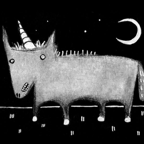5x7" ART PRINT Weird Unicorn Moon Folk Art Birthday Gift Whimsical Creepy Cute Quirky Funny Horse Strange Housewarming Landscape Canada Art
