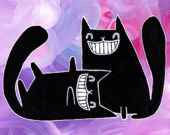 8x10 « ART PRINT Noir Cat Art Populaire Peinture Quirky Pendaison de crémaillère Cadeaux Outsider Art Fantaisiste Home Decor Animaux Drôle Cat Personnes Cadeaux