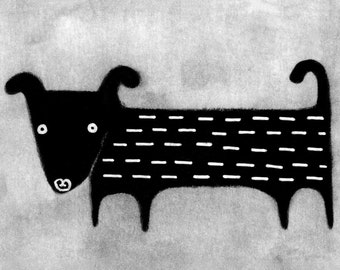 ACEO ART PRINT Black Dachshund Wiener Dog Illustration Folk Art Miniature Collectible Trading Card Whimsical Weird Stuff Cute Doxie Gifts