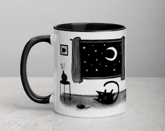 11oz COFFEE MUG Black Cat Folk Art Dark Academia Housewarming Birthday Gift Illustration Funny Cute Weird Stuff Quirky Tea Gift Ceramic Tea