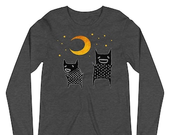 LONG SLEEVE T-SHIRT Folk Art Print Crescent Moon Night Sky Art Quirky Whimsical Cute Outsider Birthday Housewarming Gift Funny Creepy Shirts