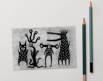 4x6 ART PRINT POSTCARD Monster Kawaii Folk Art Cute Goth Birthday Gift Whimsical Cute Weird Quirky Alien Housewarming Funny Gothic Cards