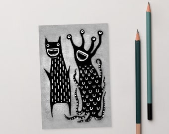 4x6 ART PRINT POSTCARD Monster Folk Art Party Monsters Goth Birthday Gift Whimsical Cute Weird Quirky Strange Housewarming Funny Gothic Emo
