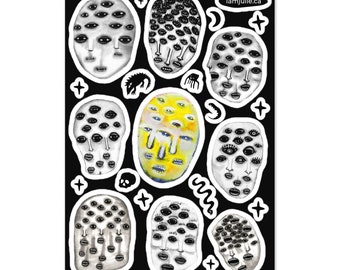 VINYL STICKER SHEET Weird Head Eyeballs Abstract Face Portrait Folk Art Cursed Strange Birthday Housewarming Whimsical Creepy Horror Gothic