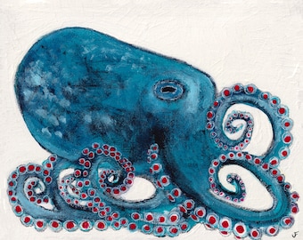 8x10" ART PRINT Octopus Painting Housewarming Gifts Ocean Home Decor Beach House Theme Wall Art Nature Birthday Day Gift Coastal Animal Art