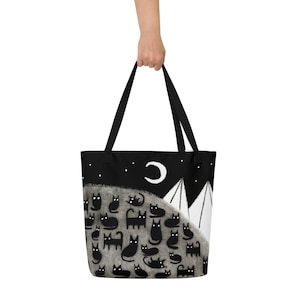 LARGE TOTE BAG ~With Pocket~ Black Cat Moon Birthday Housewarming Gift Whimsical Crescent Moon Weird Gothic Emo Quirky Mountain Landscape