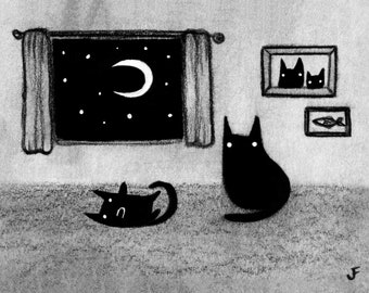 8x10" ART PRINT Black Cat Moon Folk Art Painting Quirky Housewarming Friend Gift Whimsical Illustration Home Decor Cat People Birthday Gifts