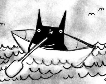 ACEO ART PRINT Black Cat Canoe Folk Outsider Cat Miniature Trading Card Drawing Paddle Camp Illustration Whimsical Boat Collectible Birthday