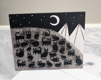 GREETING CARD Black Cat Moon Mountain Quirky Housewarming Whimsical Illustration Weird Cute Housewarming Kitties Birthday Gift Penpal Cat