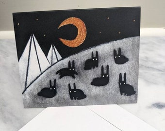 GREETING CARD Black Rabbit Moon Folk Art Card Whimsical Illustration Weird Stuff Cute Housewarming Birthday Card Quirky Bunny Gift Gothic
