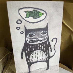 CARTE DE VŒUX PREMIUM Chat noir Art populaire Carte vierge Fantaisie Poisson Illustration Bizarre Mignon Pendaison de crémaillère Cadeaux d’anniversaire Cartes originales