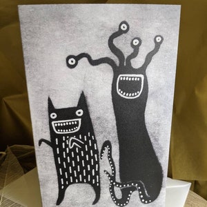 CARTE DE VOEUX PREMIUM Impression d'art folklorique monstre Carte vierge Illustration fantaisiste Cadeaux d'anniversaire de pendaison de crémaillère mignonne étrange Carte d'invitation originale