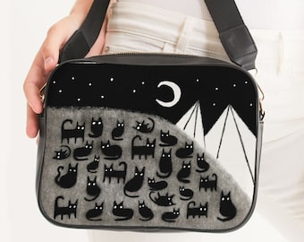 CROSSBODY BAG Black Cat Moon Birthday Housewarming Whimsical Crescent Moon Cute Quirky Weird Gifts for Cat People Bag Mountain Gothic Purse