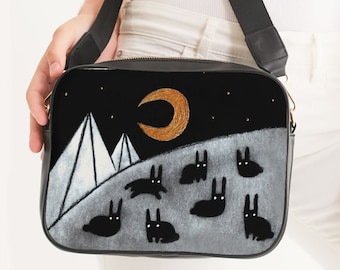 CROSSBODY BAG Black Rabbit Moon Birthday Whimsical Crescent Moon Cute Quirky Weird Mountain Landscape Gothic Purse Goth Vegan Satchel Bunny