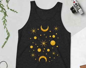 TANK TOP Stars And Moon Space Art Print Folk Art Birthday Gifts Quirky Whimsical Crescent Moon Creepy Weird Stuff Celestial Witchy Spooky